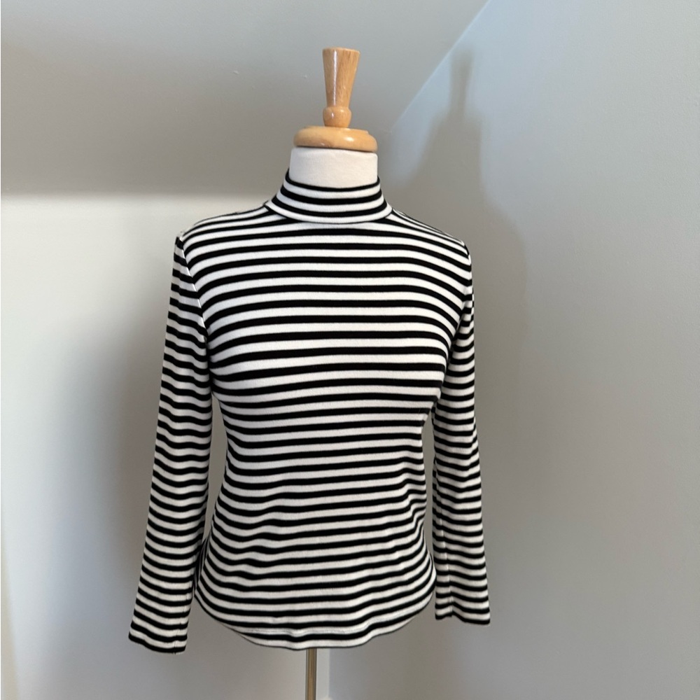 MUJI Black and White Striped Mockneck Long Sleeve